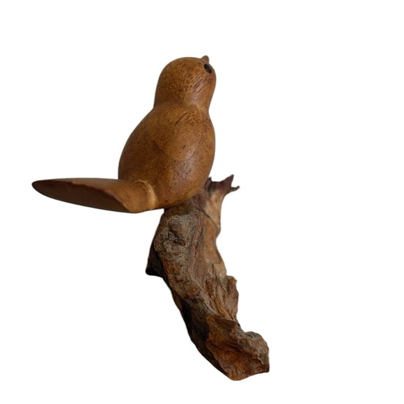 Wooden Bird Sculpture Hand Carved on Driftwood Natural Brown - Picture 4 of 6
